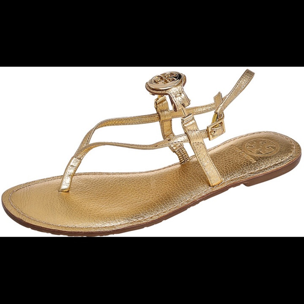 Tory Burch Metallic Gold Leather Logo Embellished Thong Flat Sandals Size 7 1/2